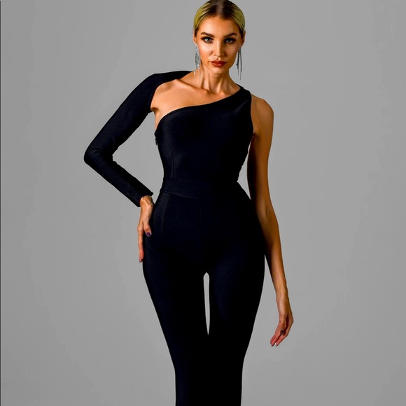 Black Kiya One Shoulder Bandage Jumpsuit - Picture 1 of 5